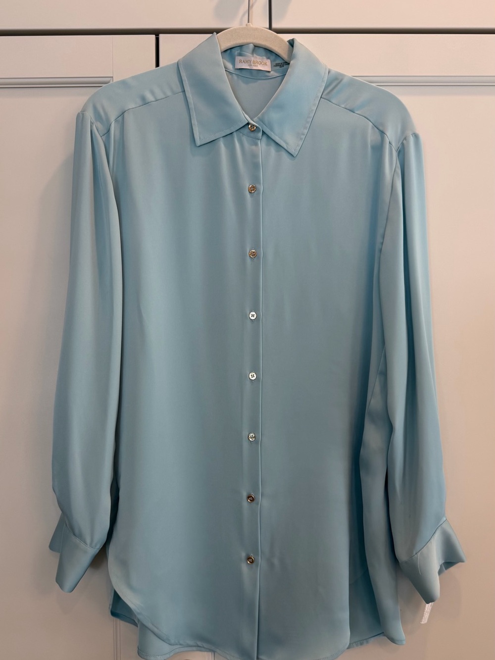 NWT Ramy Brook Kolby Oversized Satin Charmeuse Shirt in Mystic Blue Size XS